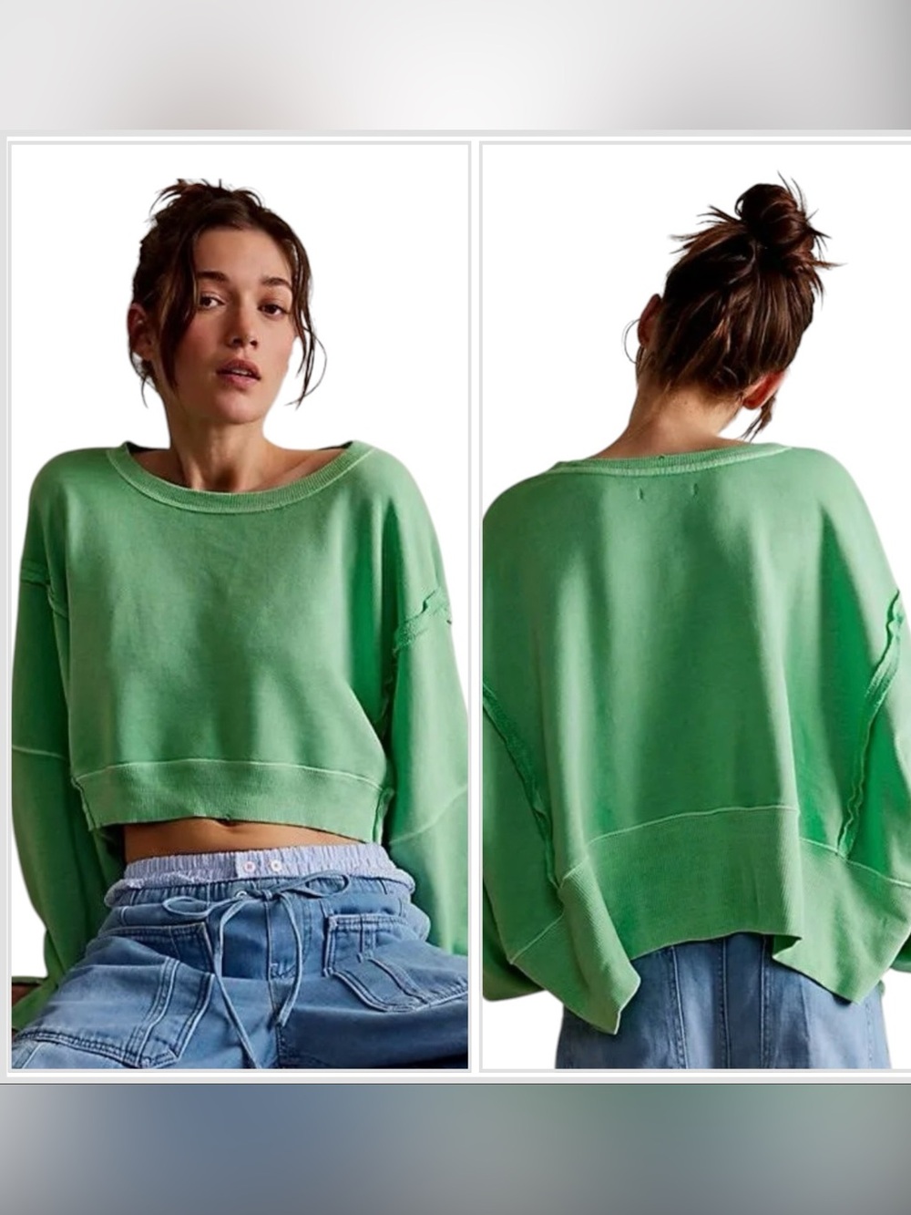 We The Free Cropped Oversized Green Meadow Camden Crewneck Sweatshirt Size XL